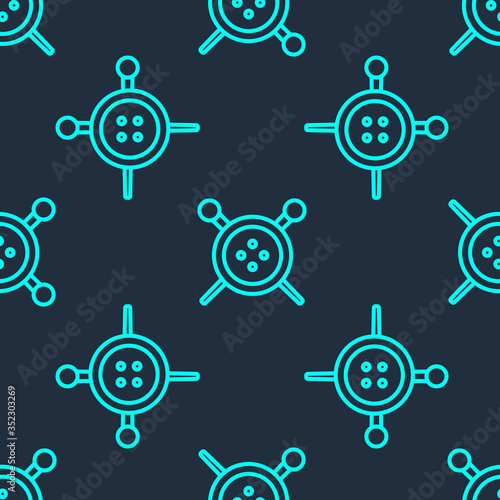 Green line Sewing button and knitting needles icon isolated seamless pattern on blue background. Clothing button. Vector Illustration