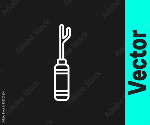White line Awl tool with wooden handle icon isolated on black background. Work equipment tailor industry. Vector Illustration