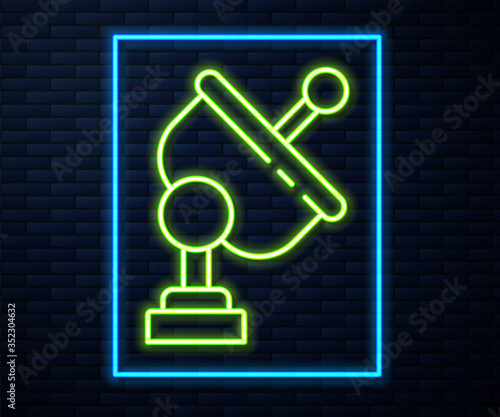Glowing neon line Radar icon isolated on brick wall background. Search system. Satellite sign. Vector Illustration