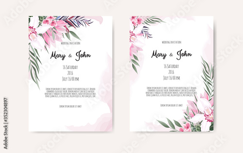 Vector floral design card. Greeting, postcard wedding invite template. Elegant frame with rose and anemone