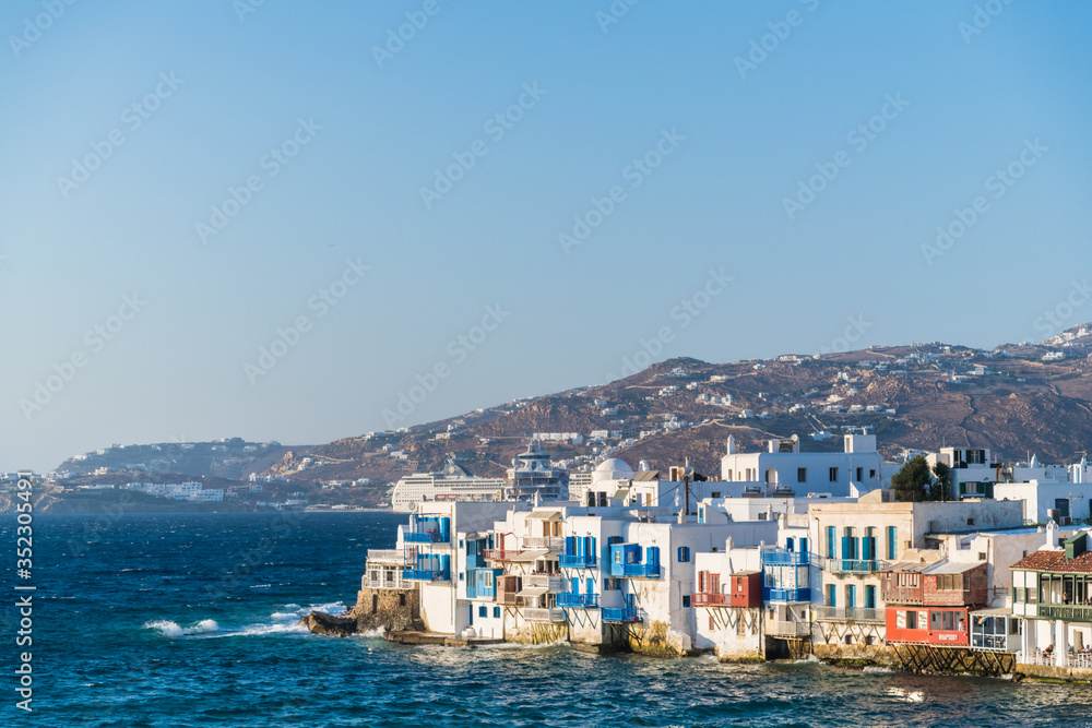 Little Venice and traditional Greek architecture in Mykonos Island, Greece. 