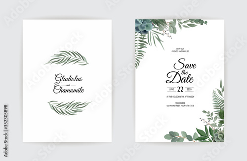 Vector floral design card. Greeting, postcard wedding invite template. Elegant frame with rose and anemone
