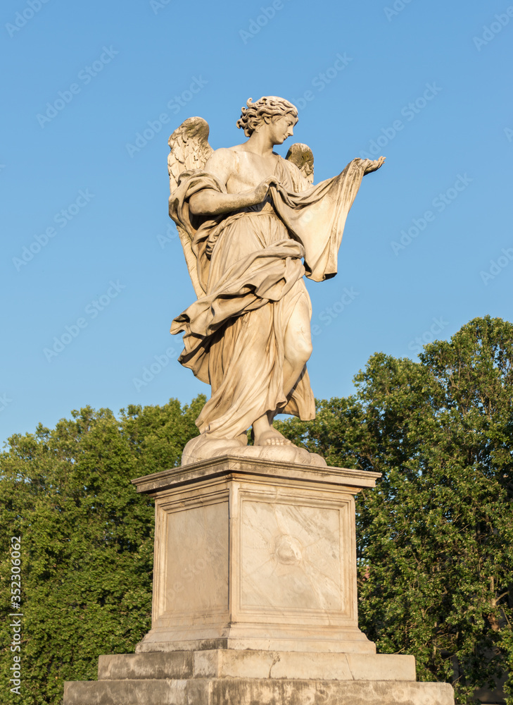 Full size statue of Angel with the Sudarium Veronica Veil on Ponte Sant'Angelo in Rome near Castel Sant'Angelo