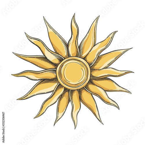 Gold sun. Vector drawing. Object is isolated  on white background.