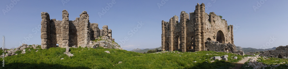 Panoramic view of the Aspendos, ancient city near Antalya, Southern Turkey.