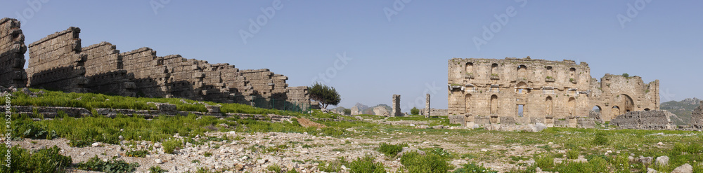 Panoramic view of the Aspendos, ancient city near Antalya, Southern Turkey.