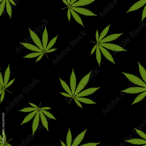 Cannabis seamless pattern. Marijuana leaf, green weed plant. Hashish texture, isolated black background. Hemp psychedelic grass. Fabric print for medical wallpaper. Simple design Vector illustration