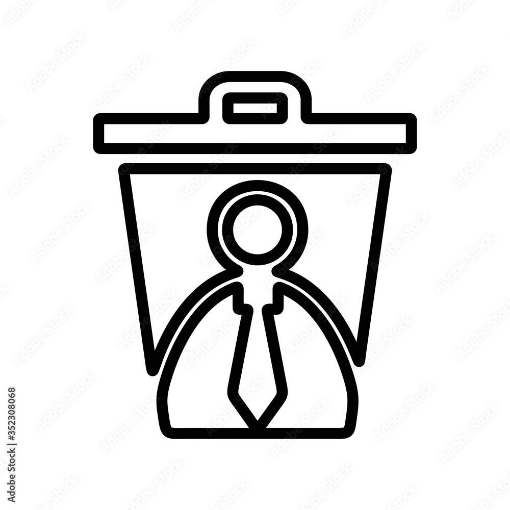 Tie in trash can icon. Illustration of employee kicked out of company. Boss firing worker sign. Layoff symbol for modern business concept and web, mobile design. Tie in trash can icon. Illustration of employee kicked out of company. Boss firing worker sign. Layoff symbol for modern business concept and web, mobile design.