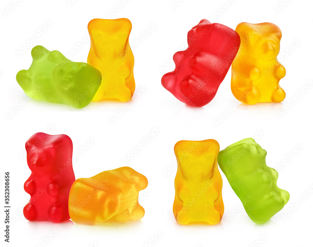 Collection of colorful jelly gummy bears, isolated on white background Collection of colorful jelly gummy bears, isolated on white background