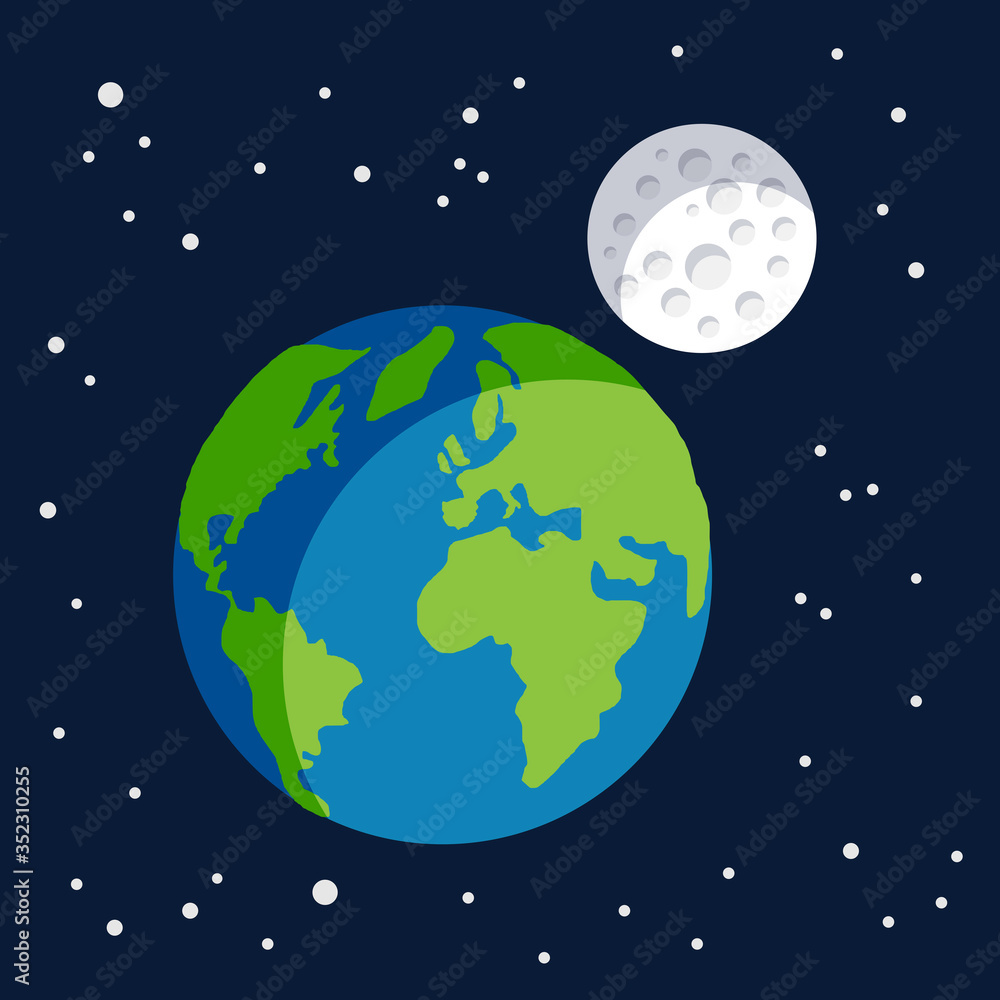 Fototapeta premium Earth planet earth globe with its moon satellite with craters spinning around it
