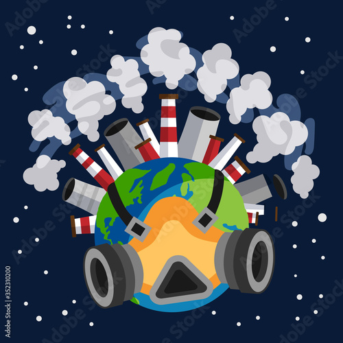 Earth planet earth globe with a gas mask on protecting itself from harmful gases expelled by factories, pollution concept