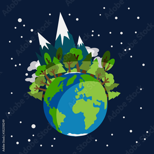 Earth planet earth globe with forests of green trees and high mountains with snow and clouds surrounded by stars in space, environment concept