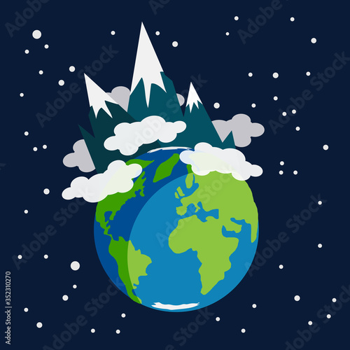 Earth planet earth globe with high snowy mountains rising above the clouds, surrounded by stars in space