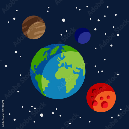 planet earth surrounded by other stars of the milky way like venus, tuesday and mercury in space surrounded by stars