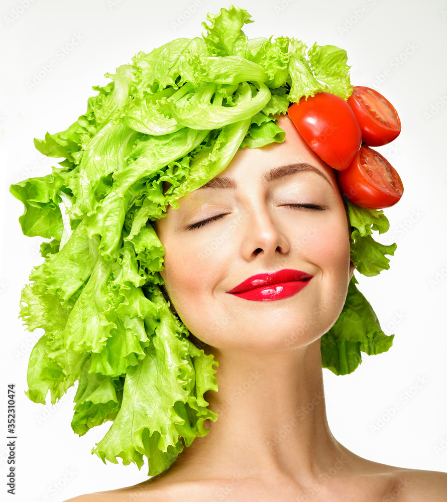 Beautiful model girl with Lettuce hair style. Healthy food concept, diet, vegetarian food. Stock Photo | Adobe Stock Beautiful model girl with Lettuce hair style. Healthy food concept, diet, vegetarian food. Stock Photo | Adobe Stock