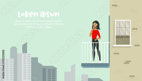 Young girl on the balcony. Concept of social isolation. Side view building with balconies.