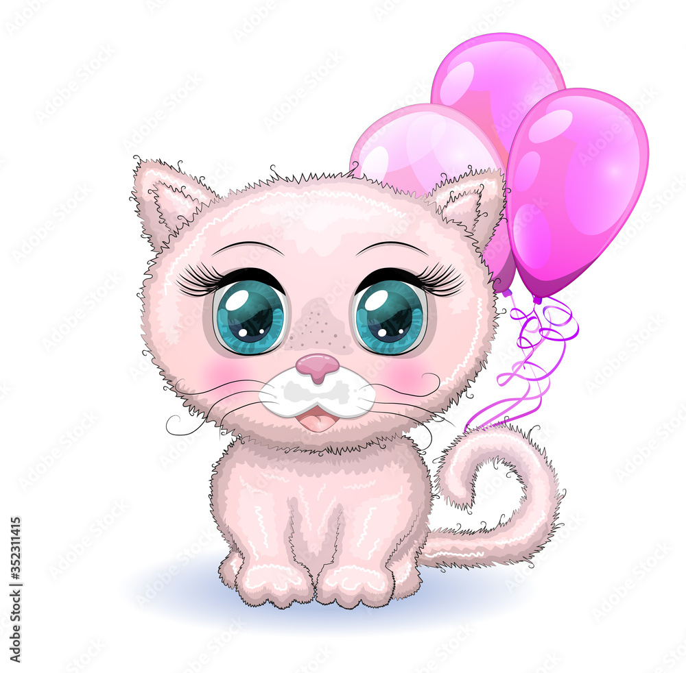 Cute cartoon pink cat, a kitten on a background of flowers holds balls with its tail