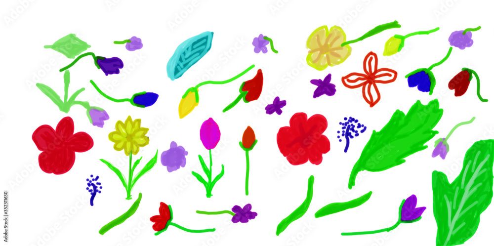A colorful children's drawing with flowers on a white background