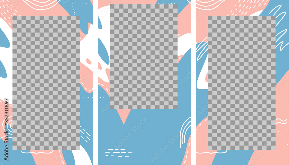 Design backgrounds for social media banner. Set of instagram stories photo frame templates. Mock up for personal blog. Endless layout. Flat hand drawn vector illustration of 3 isolated puzzle collage. Design backgrounds for social media banner. Set of instagram stories photo frame templates. Mock up for personal blog. Endless layout. Flat hand drawn vector illustration of 3 isolated puzzle collage.