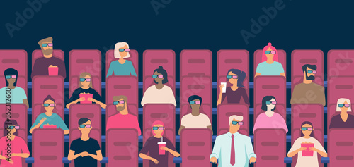 People watching movie in cinema hall eating popcorn wearing  3D glasses.Social distancing concept in public places after covid-19 coronavirus pandemic