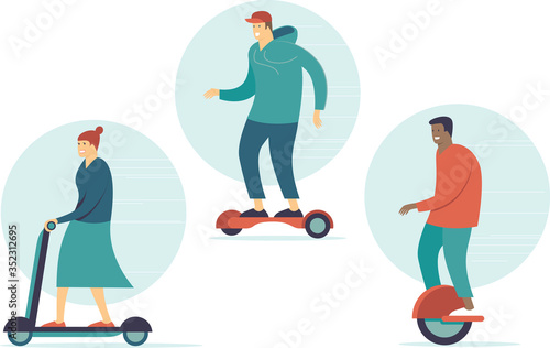Active young people riding personal electric transport. Electric scooter, hoverboard, mono wheel. Healthy lifestyle, outdoor activities