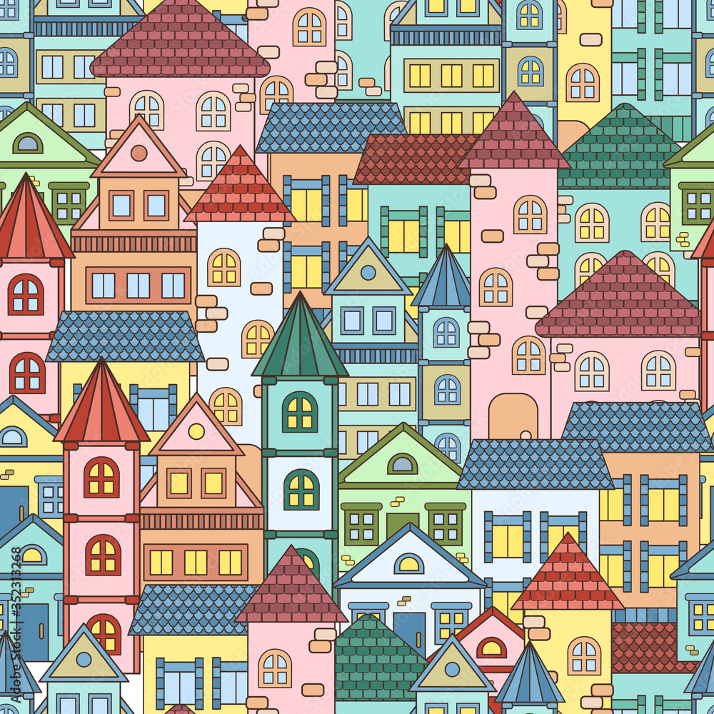 Seamless pattern with colorful houses