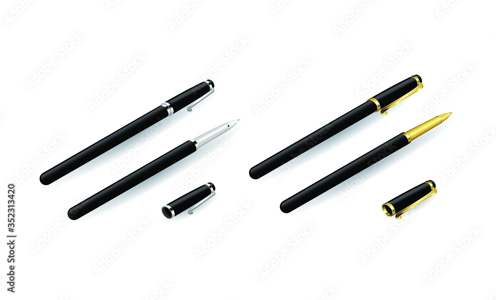Isometric vector illustration. Concept 3d graphics on a white background. Isometry. Golden and silver pen. Element, object, icon for web design infographics, sites and game. Isometric vector illustration. Concept 3d graphics on a white background. Isometry. Golden and silver pen. Element, object, icon for web design infographics, sites and game.