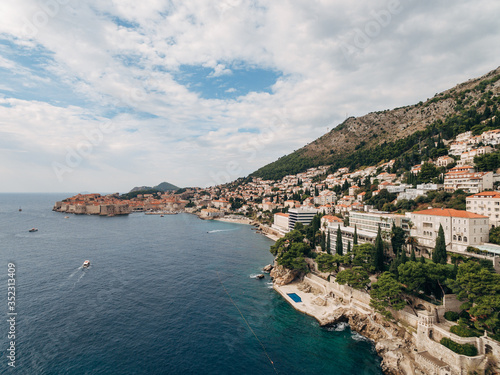 High aerial view from a drone on the coast of Dubrovnik and the old town in Croatia.