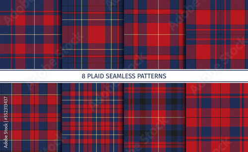 Set of red plaid seamless patterns with blue, black and yellow stripes.