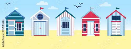 Flat vector tropical illustration of colorful beach huts in row on sea side landscape. Concept of summer vacation in surfhouse. Beach cabins with flags