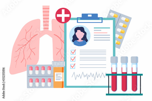 Patient healthcare history with lungs, pills, blood test near it. Concept of health insurance or research paper, medical record page. Flat vector illustration.