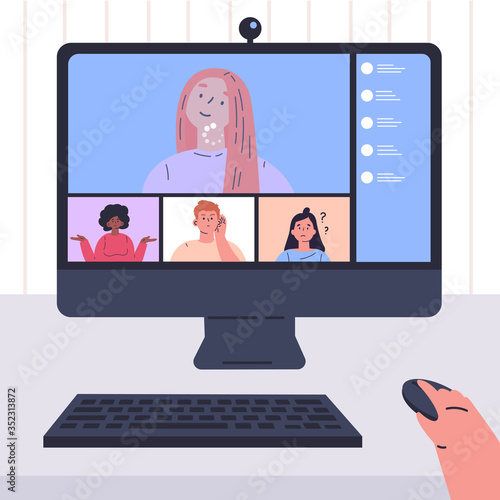 Stay home.Video conference illustration.Computer screen.Friends talking by internet with bad connection.Online meeting.Bad connection in video call.Coronavirus quarantine isolation.Vector flat