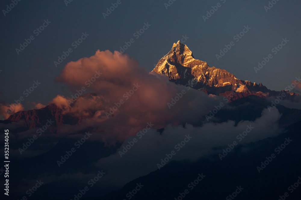 Landscape with Machapuchare-Fishtail peak during trekking in Himalaya Mountains, Nepal