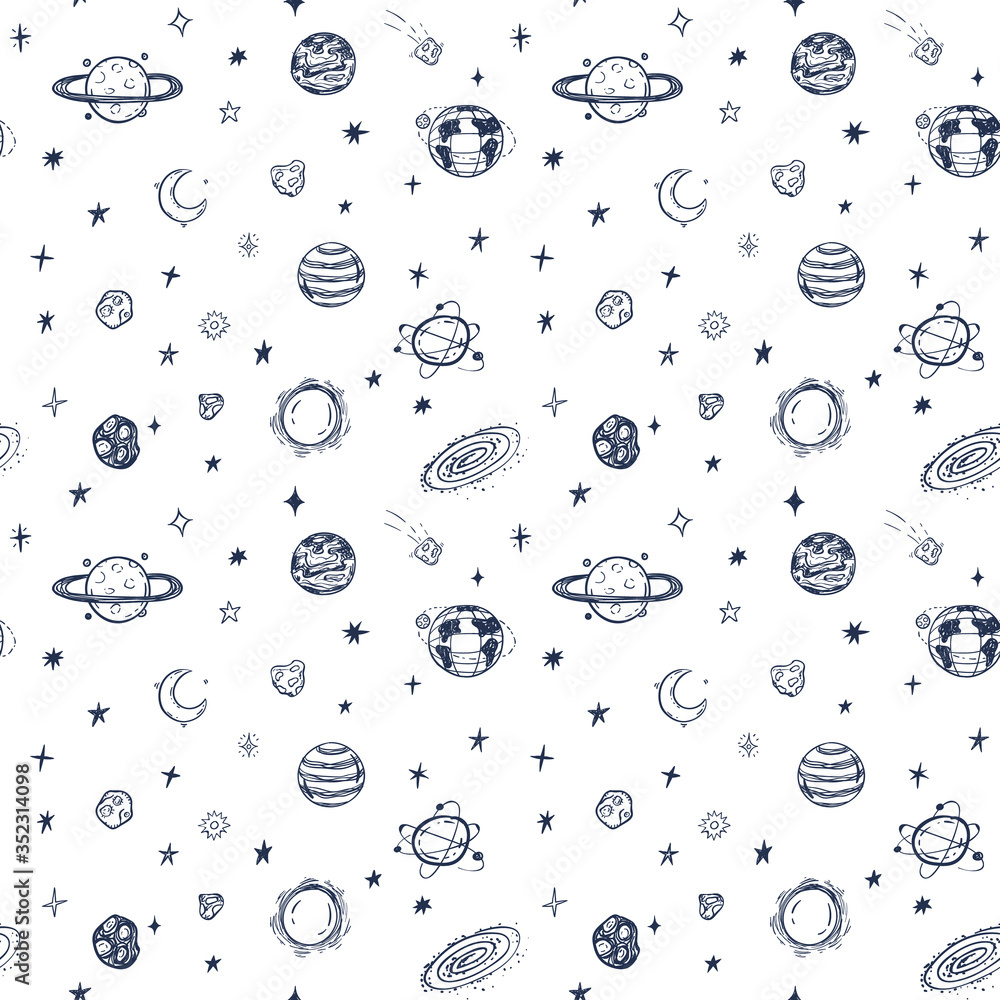 Hand-drawn spaceships and stars in shades of blue