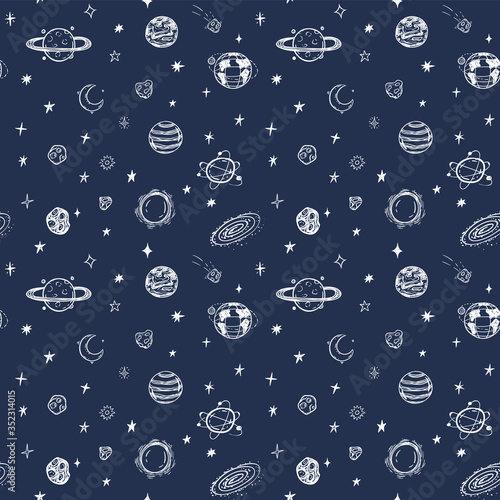 Doodle spaceship and stars pattern, Hand drawn, sketch seamless space rocket print.