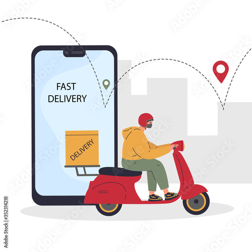 Online delivery service concept,delivery home and office.Scooter courier,man in respiratory mask.Webpage, app design.City landscape background.Vector flat illustration.Colorful character design