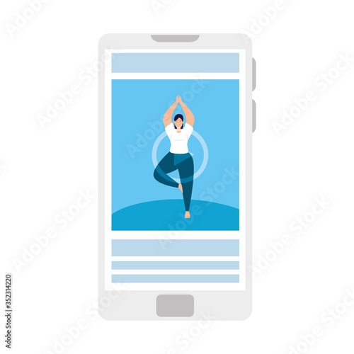 smartphone device with application yoga online, healthy lifestyle vector illustration designs
