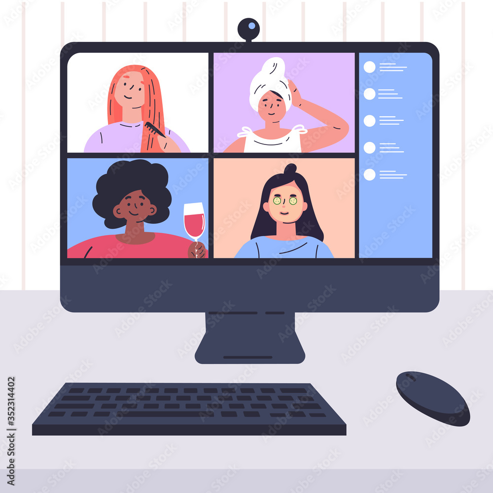 Video conference illustration.Girlfriends chats online.Computer screen,group of people talking by internet.Web chatting,online meeting friends.Coronavirus, quarantine isolation.Vector Video conference illustration.Girlfriends chats online.Computer screen,group of people talking by internet.Web chatting,online meeting friends.Coronavirus, quarantine isolation.Vector