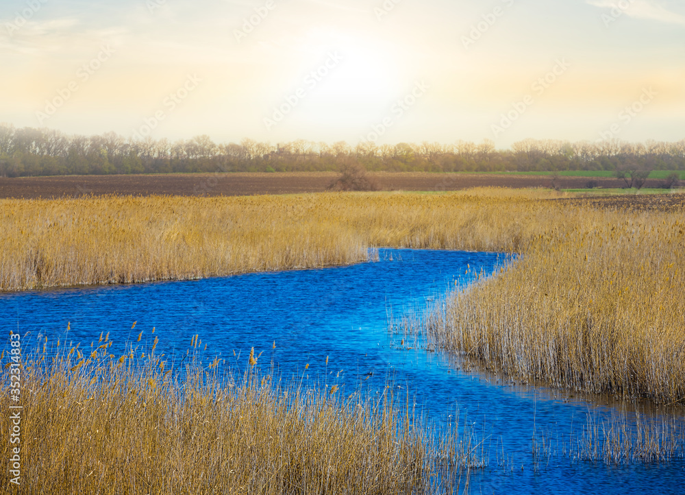 beautiful small blue river flow among a prairie, spring evening scene