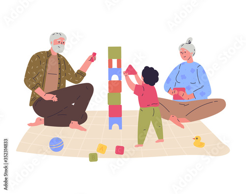 Grandparents play with their grandson building a tower.Block game for children.Relatives spend time together.Hand drawn style.Character design.Colorful vector illustration in flat cartoon style.