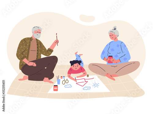 Grandparents draw picture with their granddaughter.Creative hobby for children.Relatives spend time together.Hand drawn style.Character design.Colorful vector illustration in flat cartoon style.
