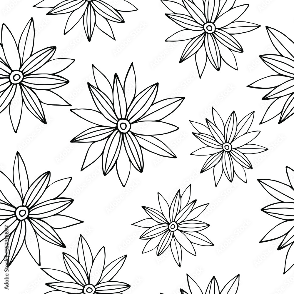 Hand drawn seamless floral vector pattern. Vector background of doodle floral elements. 