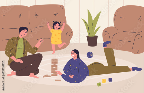  Mother, father and daughter plays a table game called jenga at home.Tower balance game.Wooden stack risk block toy for two or more persons.Modern interior.Flat cartoon characters.Vector illustration
