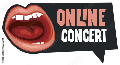 Vector music banner in form of speech bubble for an online concert with a singing mouth. Suitable for advertising, poster, flyer, invitation, sticker, web page, design element