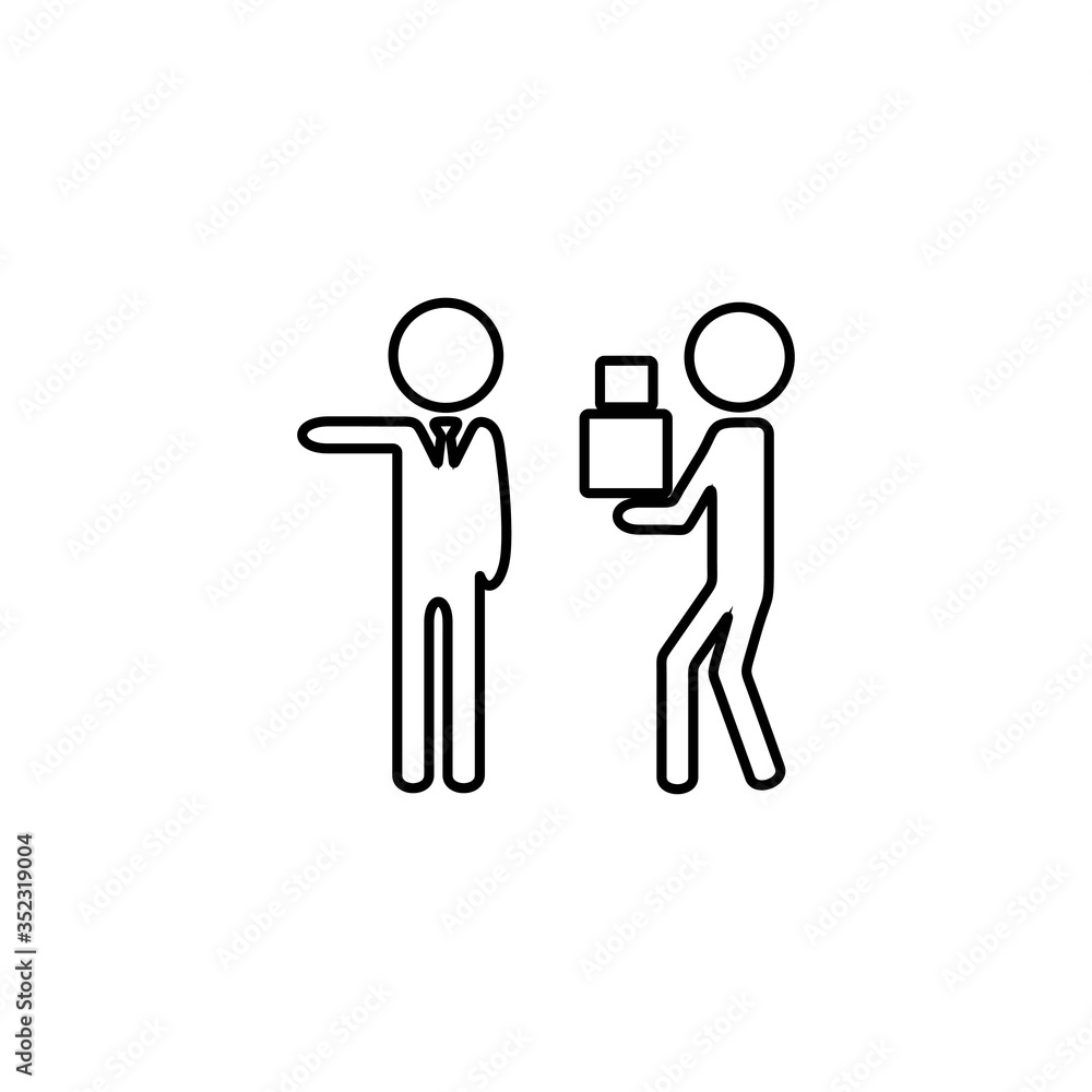 Illustration of employee kicked out of company. Boss firing worker sign. Layoff symbol for modern business concept and web, mobile design. Illustration of employee kicked out of company. Boss firing worker sign. Layoff symbol for modern business concept and web, mobile design.