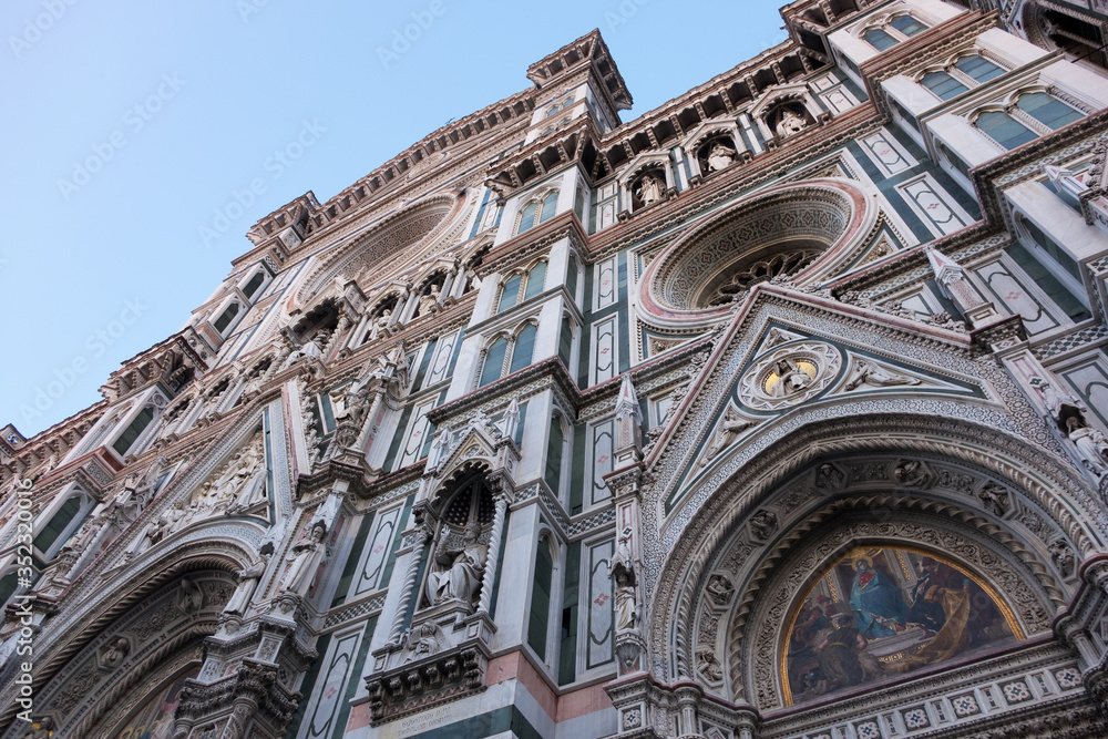 Exterior / facade of the Cathedral of Santa Maria del Fiore in Florence, Italy. Front fasade of the cathedral