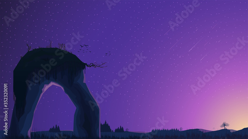 Sunset in a field with pine trees and a large rock in the foreground. Vector landscape with starry sky