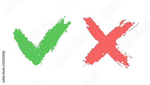 Do and Don't simple icons, freehand brush strokes. Vector elements. Green check mark and red cross, used to indicate rules of conduct or response versions.