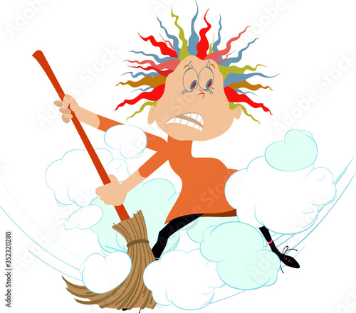 Dust cloud and woman with a big broom illustration. Cartoon woman sweeps dust using a broom isolated on white
