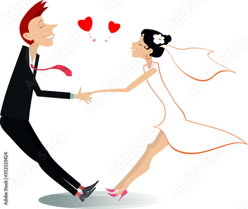 Heterosexual married wedding couple holds hands illustration. Heart signs and holding hands romantic man and woman in the white dress and bridal fall in love isolated on white
